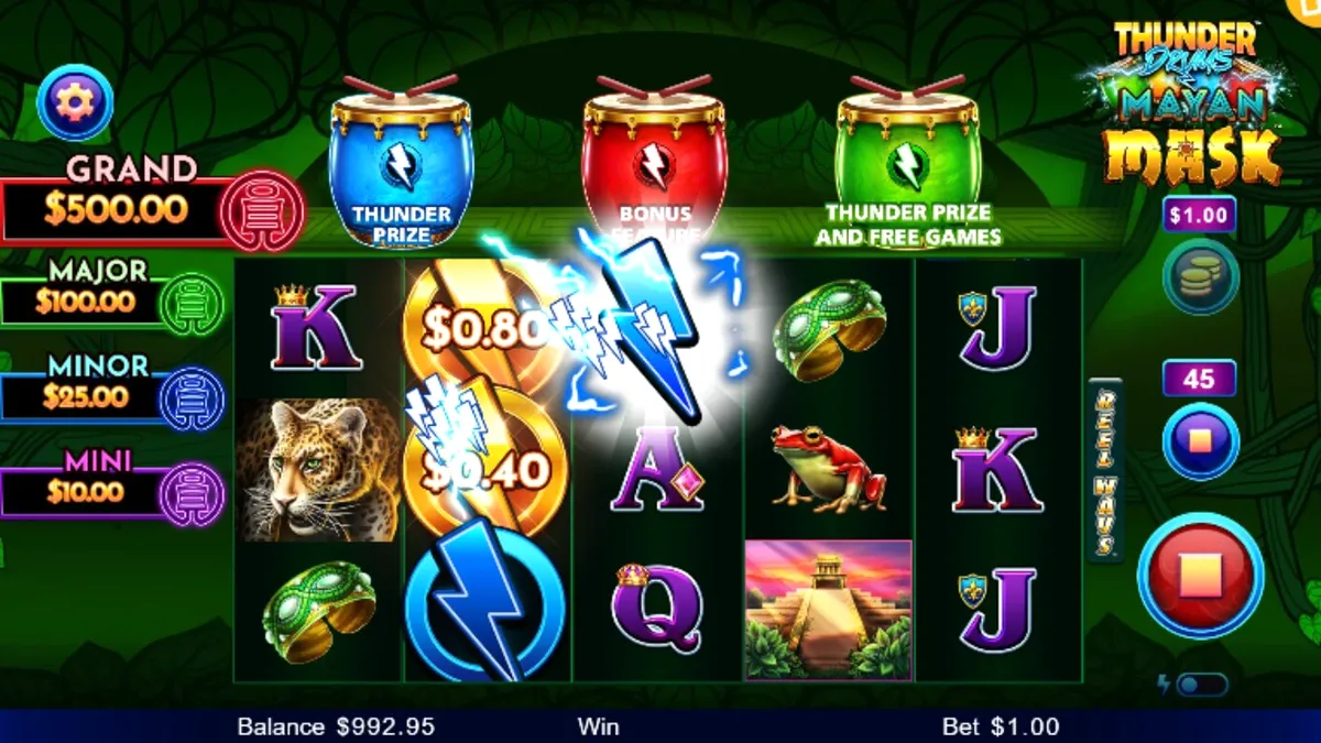 Uma imagem mística de uma máscara maia com raios e tambores ao fundo, representando o slot Thunder Drums Mayan Mask.